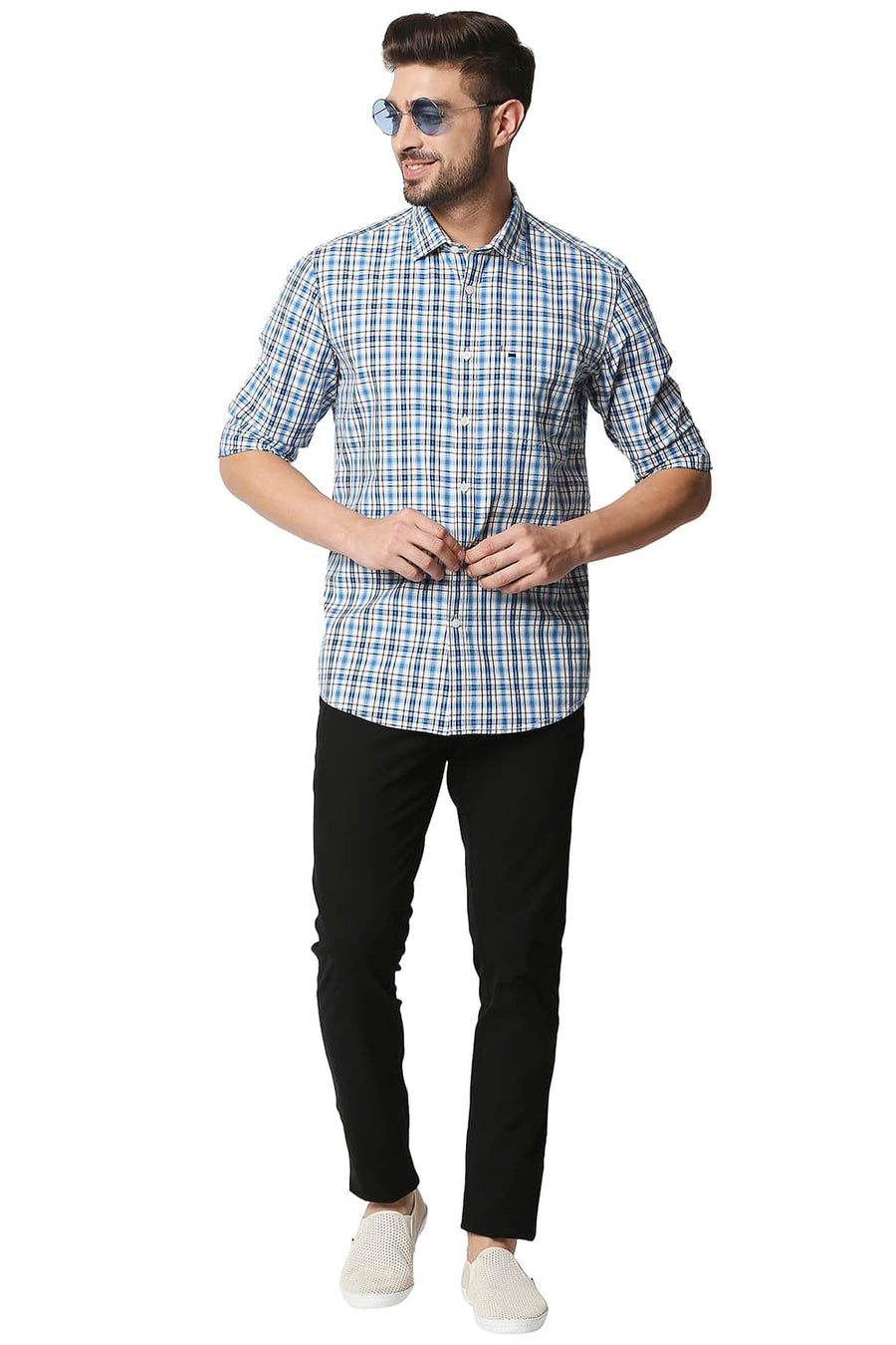 BASICS SLIM FIT DRESDEN BLUE CHECKS SHIRT