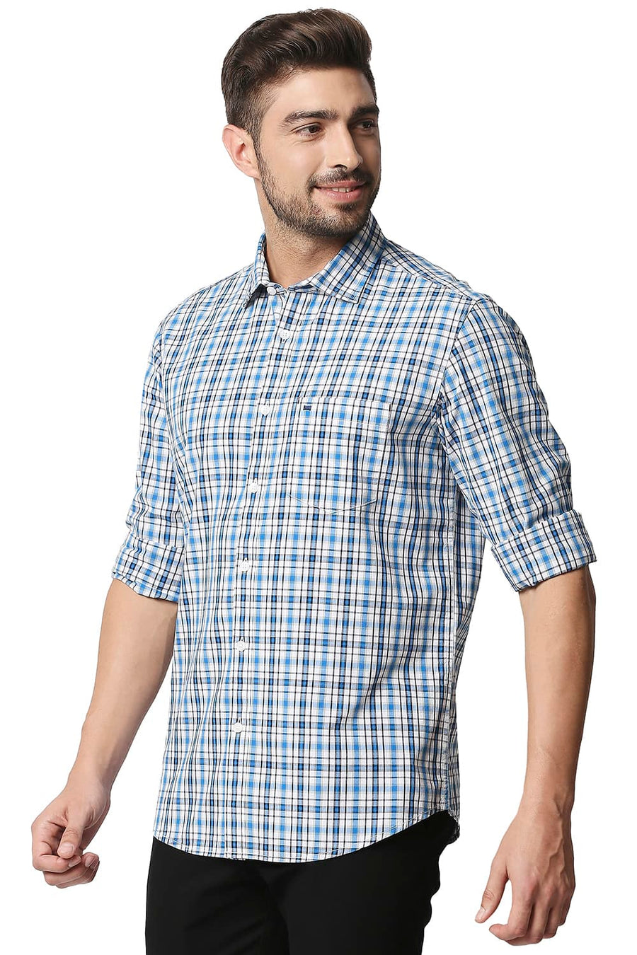 BASICS SLIM FIT DRESDEN BLUE CHECKS SHIRT