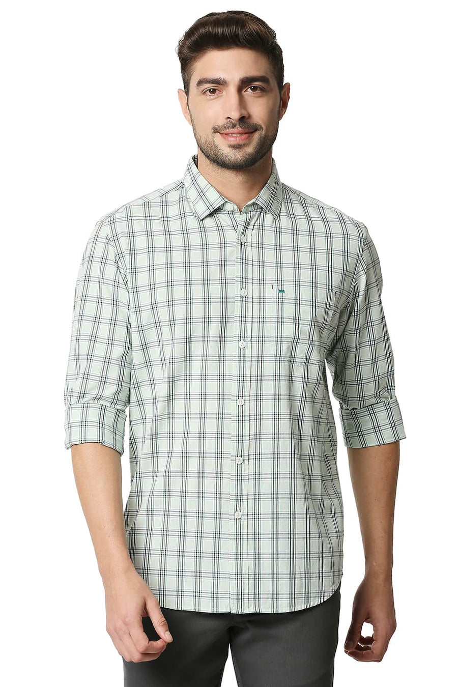 BASICS SLIM FIT DEWKIST GREEN CHECKS SHIRT