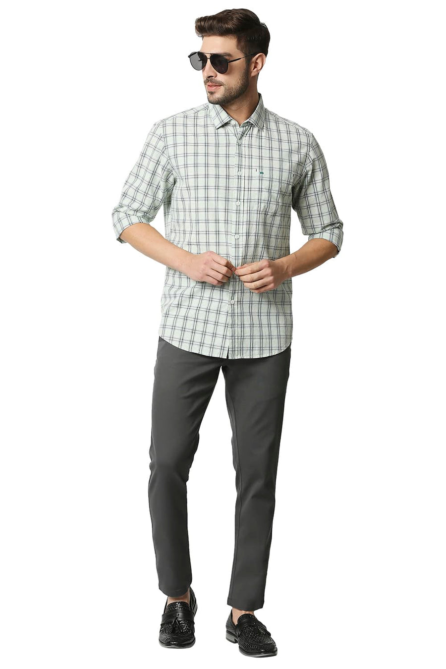 BASICS SLIM FIT DEWKIST GREEN CHECKS SHIRT