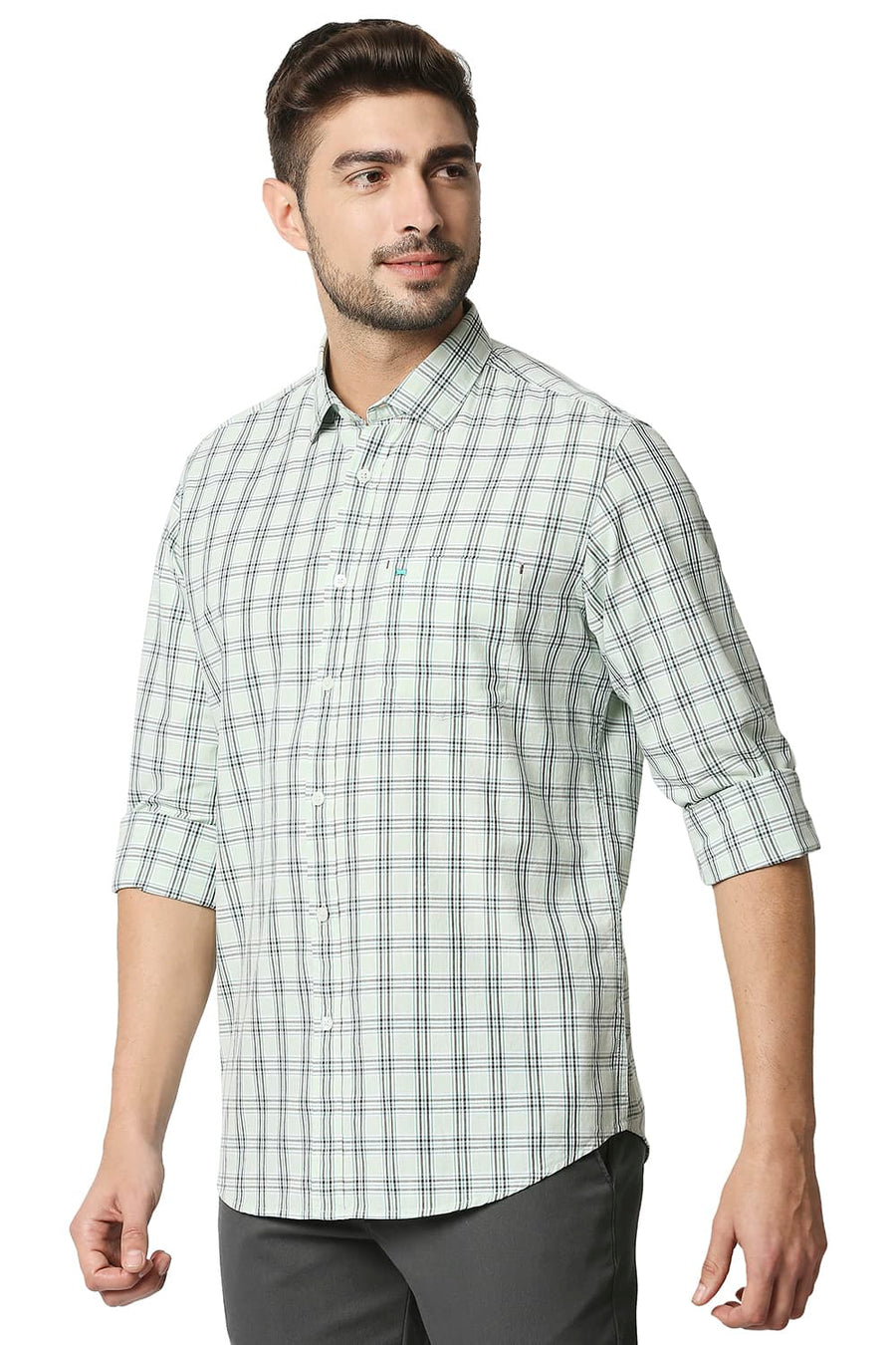 BASICS SLIM FIT DEWKIST GREEN CHECKS SHIRT