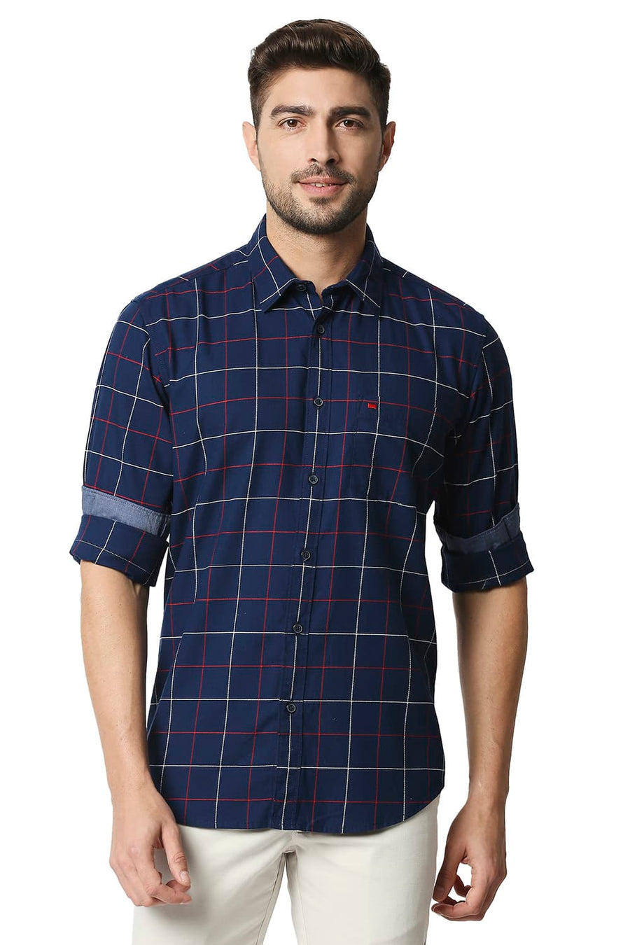 BASICS SLIM FIT INSIGNIA NAVY DOBBY CHECKS SHIRT