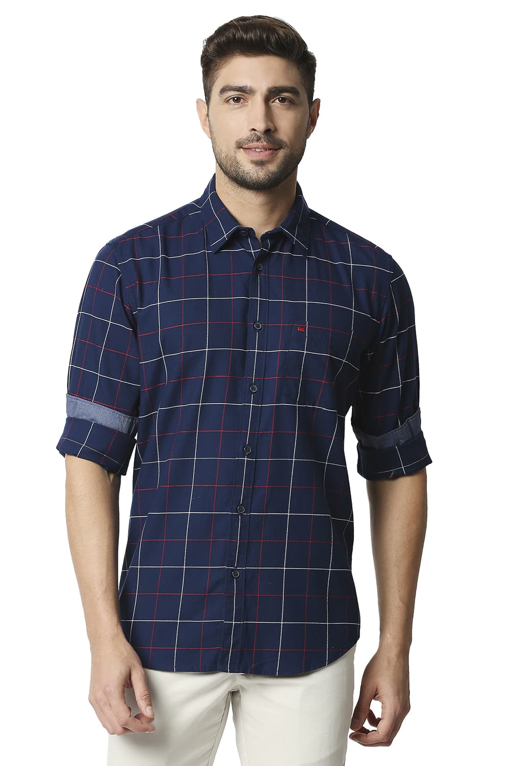 BASICS SLIM FIT DOBBY CHECKS SHIRT