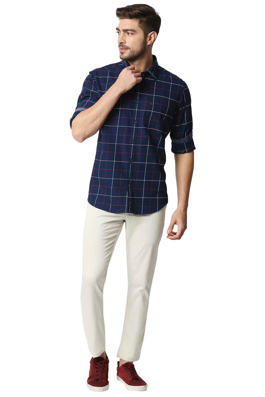 BASICS SLIM FIT INSIGNIA NAVY DOBBY CHECKS SHIRT