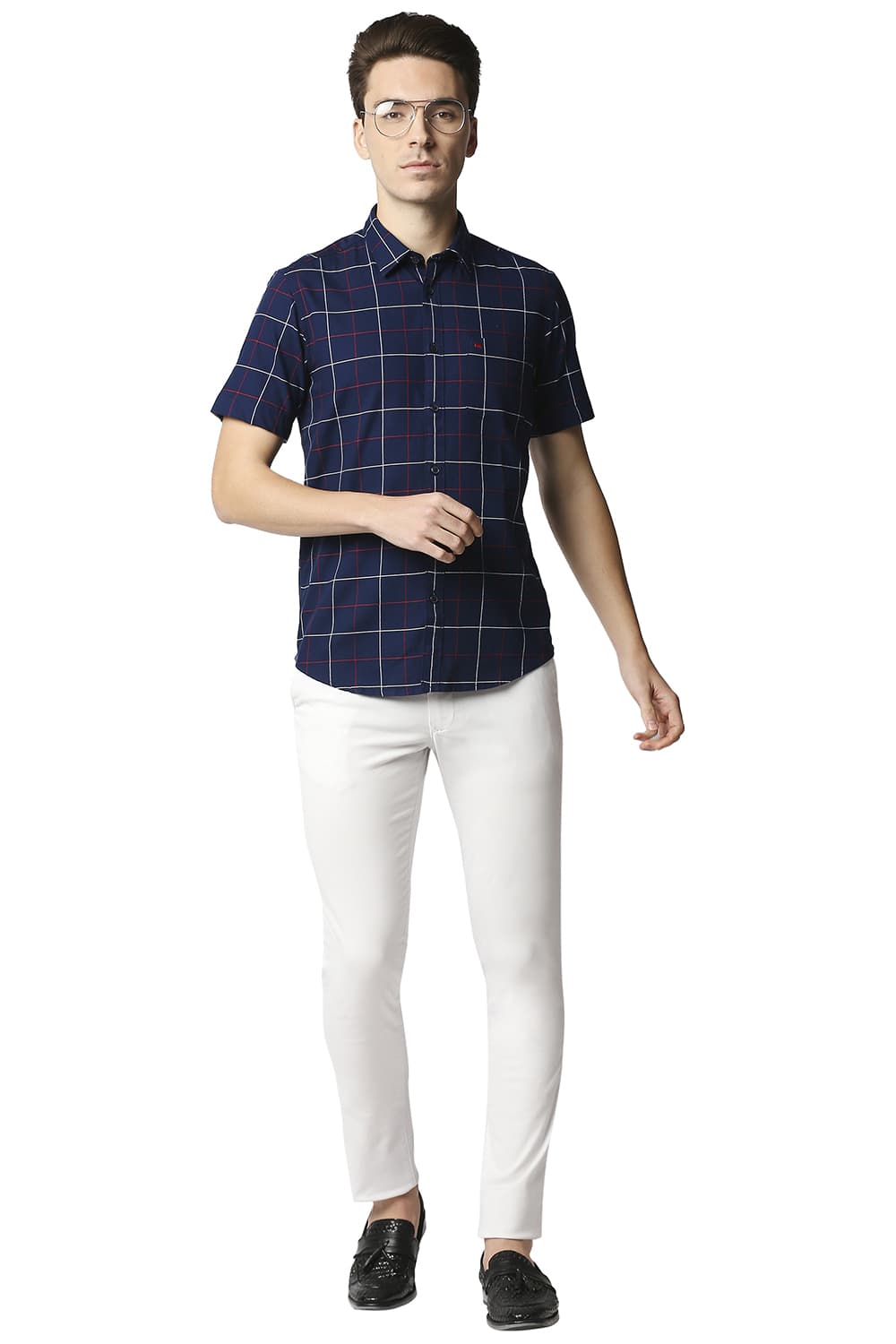 BASICS SLIM FIT DOBBY CHECKS HALFSLEEVES SHIRT