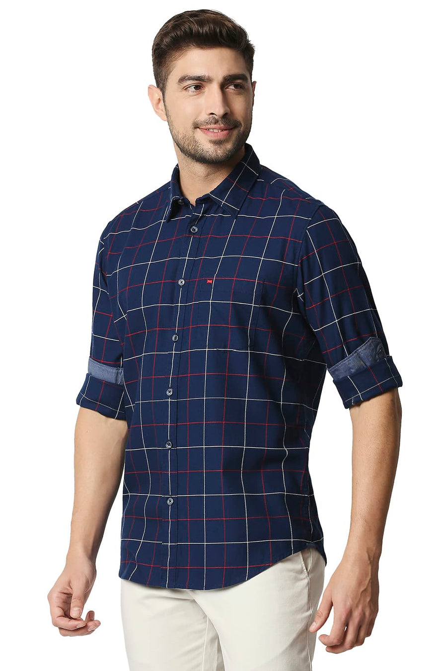 BASICS SLIM FIT INSIGNIA NAVY DOBBY CHECKS SHIRT