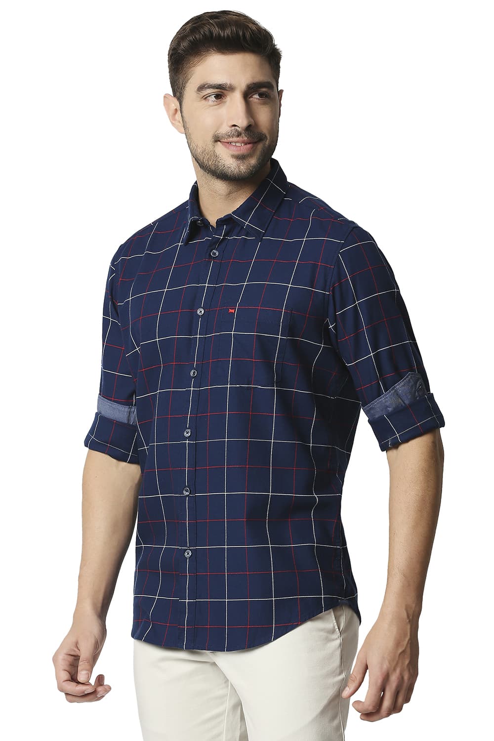 BASICS SLIM FIT DOBBY CHECKS SHIRT