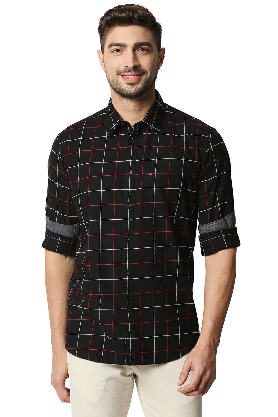 BASICS SLIM FIT BLACK NIGHT DOBBY CHECKS SHIRT