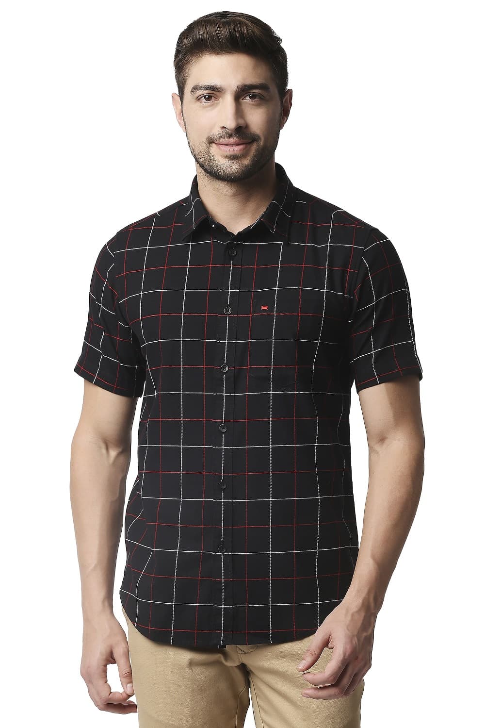 BASICS SLIM FIT DOBBY CHECKS HALFSLEEVES SHIRT