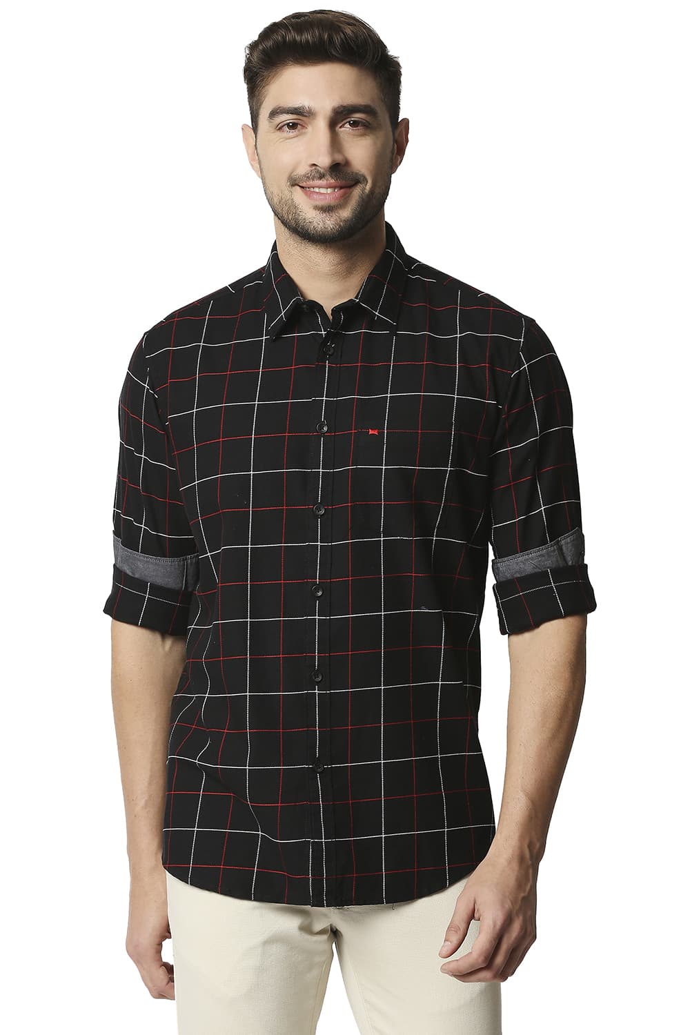 BASICS SLIM FIT DOBBY CHECKS SHIRT