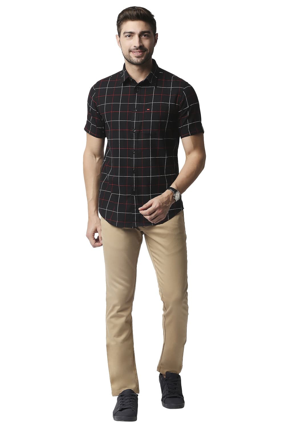 BASICS SLIM FIT DOBBY CHECKS HALFSLEEVES SHIRT