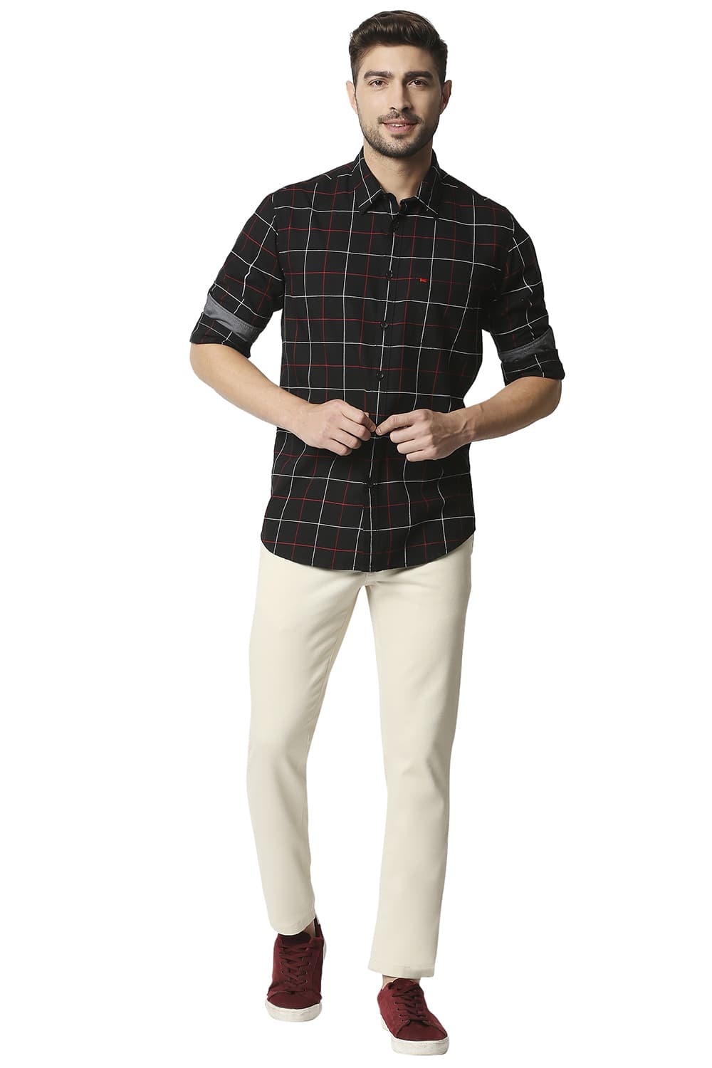 BASICS SLIM FIT DOBBY CHECKS SHIRT