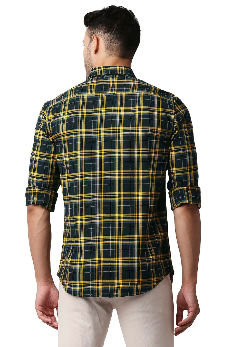 BASICS SLIM FIT SOLAR YELLOW DOBBY CHECKS SHIRT