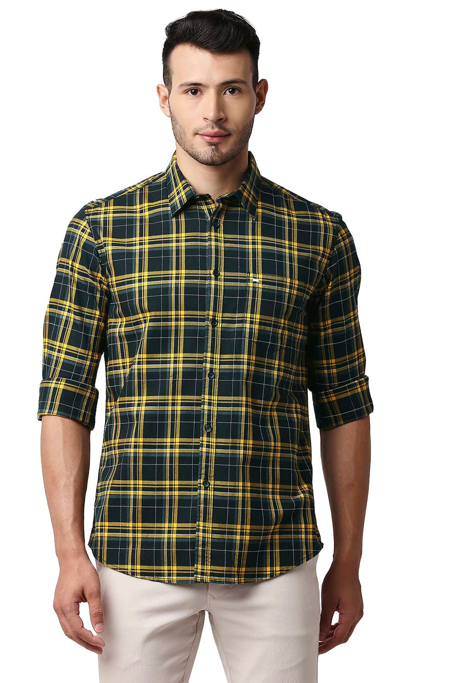 BASICS SLIM FIT SOLAR YELLOW DOBBY CHECKS SHIRT