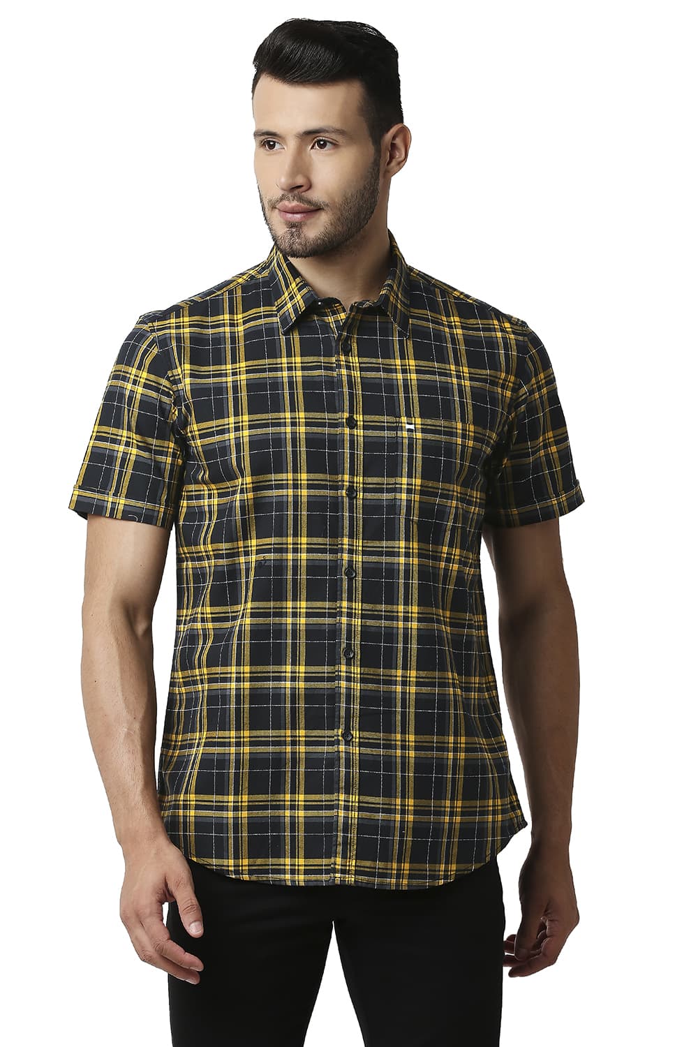 BASICS SLIM FIT DOBBY CHECKS SHIRT