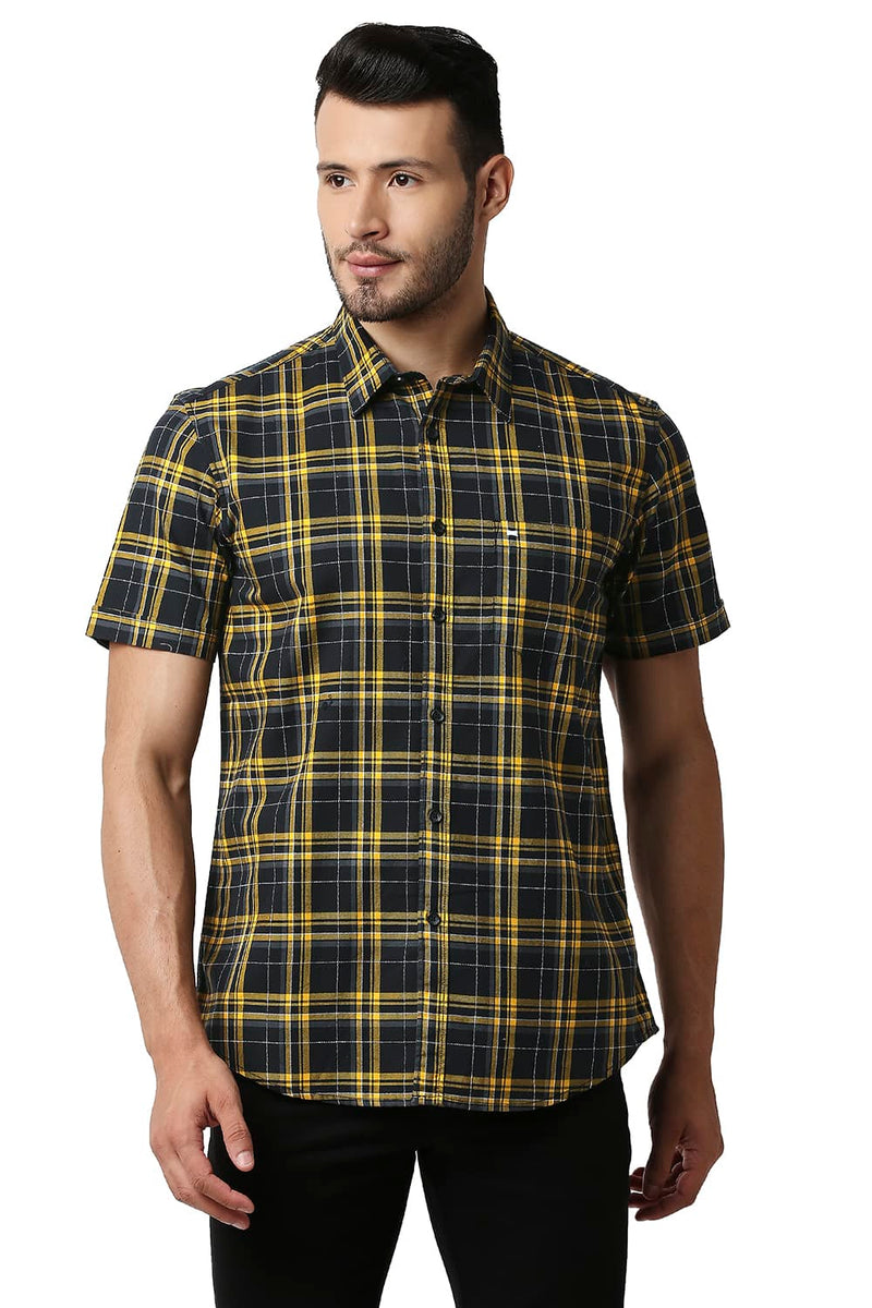 BASICS SLIM FIT DOBBY CHECKS SHIRT