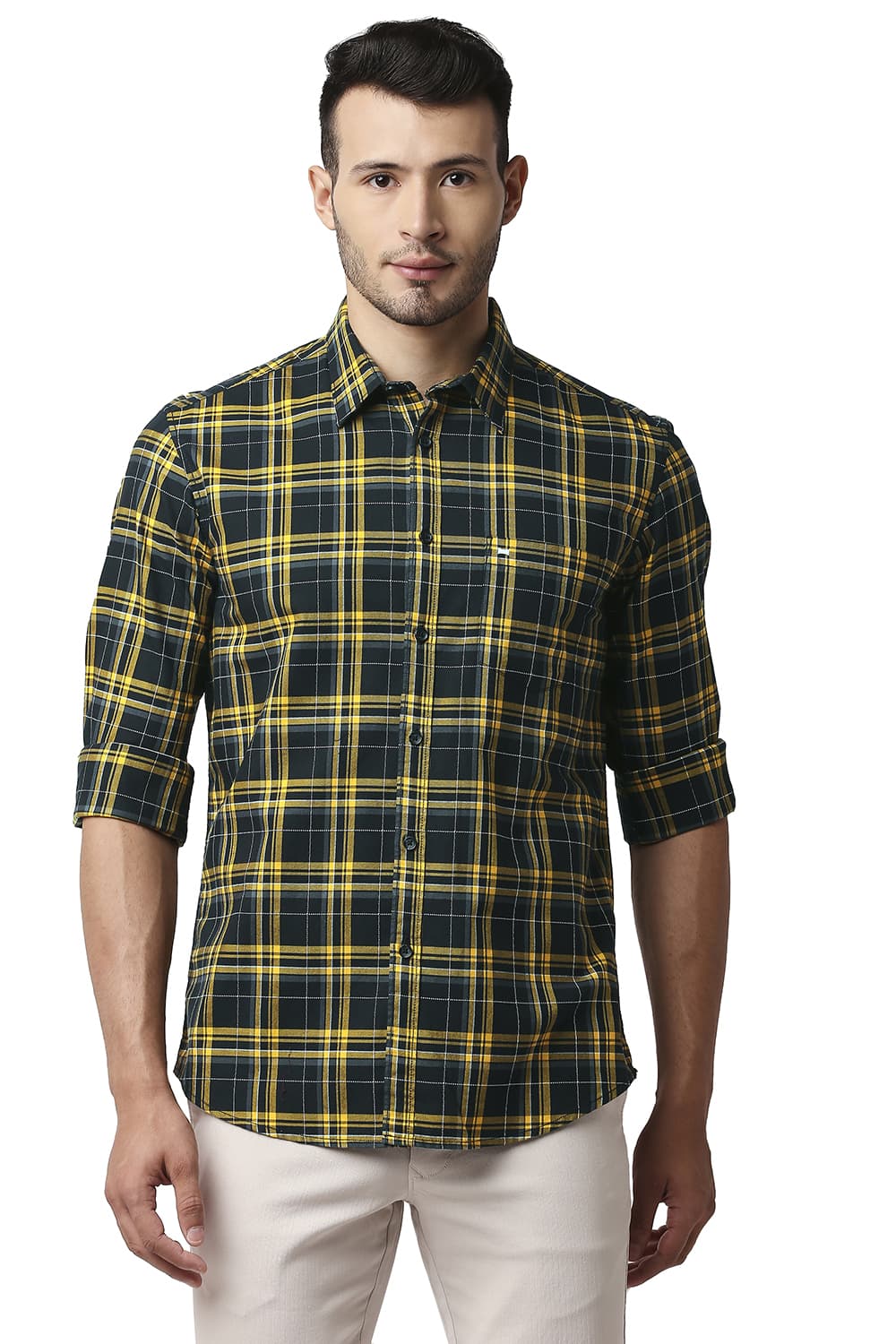 BASICS SLIM FIT DOBBY CHECKS SHIRT