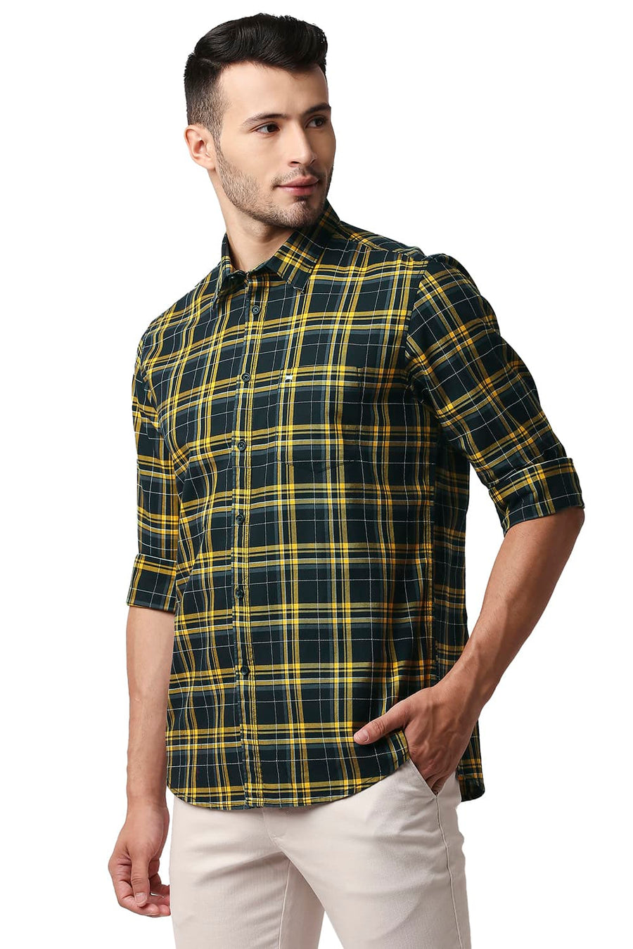 BASICS SLIM FIT SOLAR YELLOW DOBBY CHECKS SHIRT