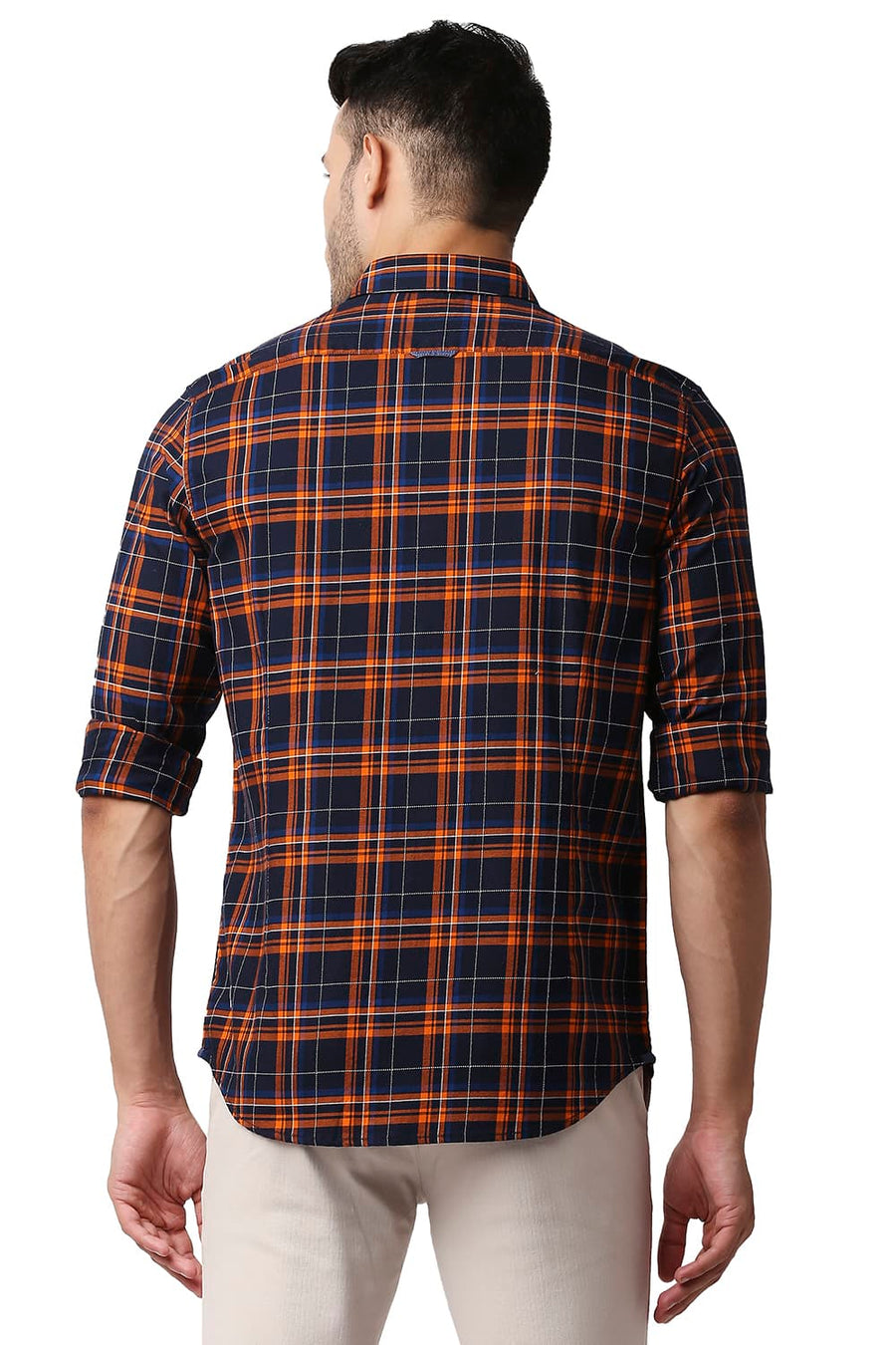 BASICS SLIM FIT POPPY ORANGE DOBBY CHECKS SHIRT