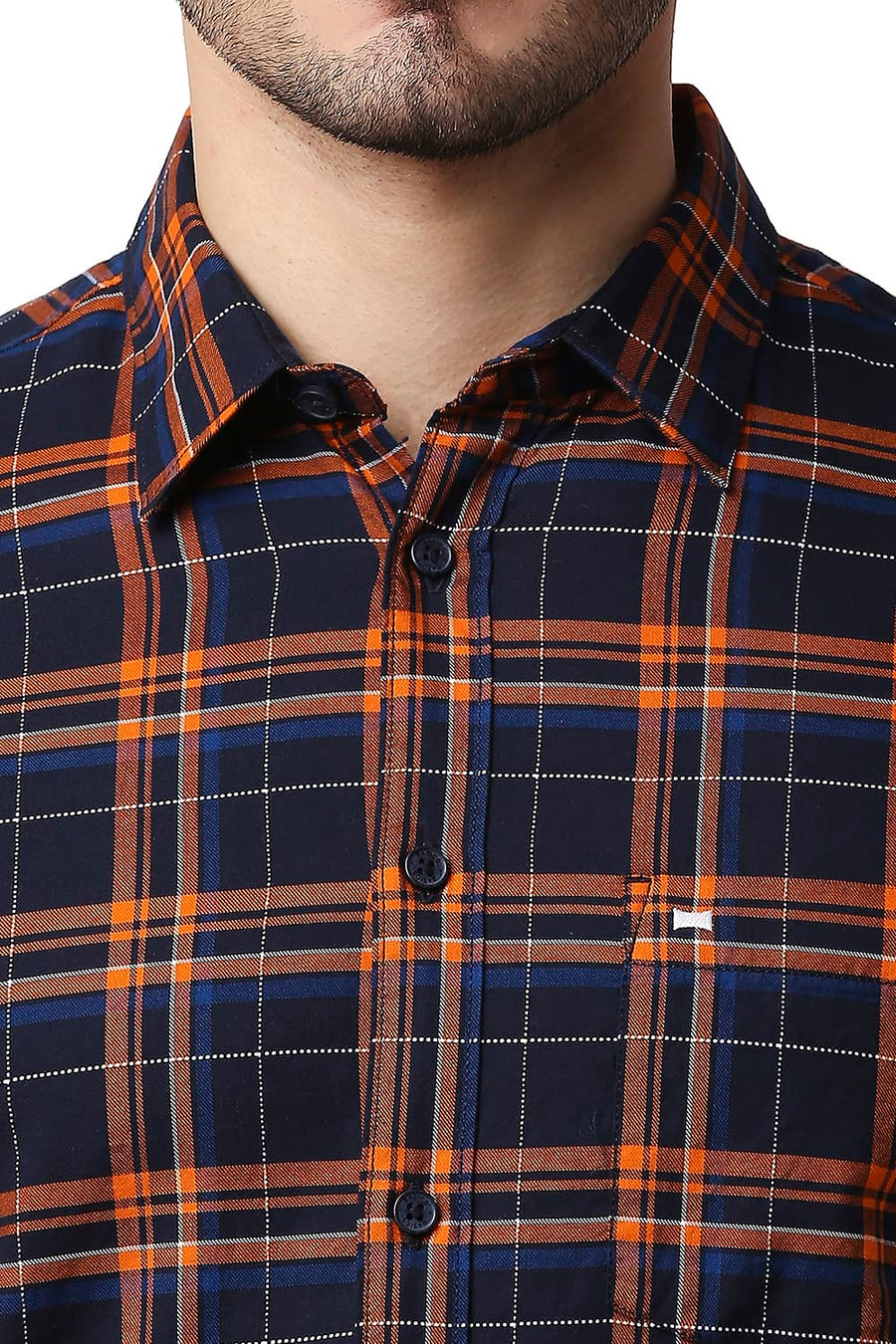 BASICS SLIM FIT POPPY ORANGE DOBBY CHECKS SHIRT