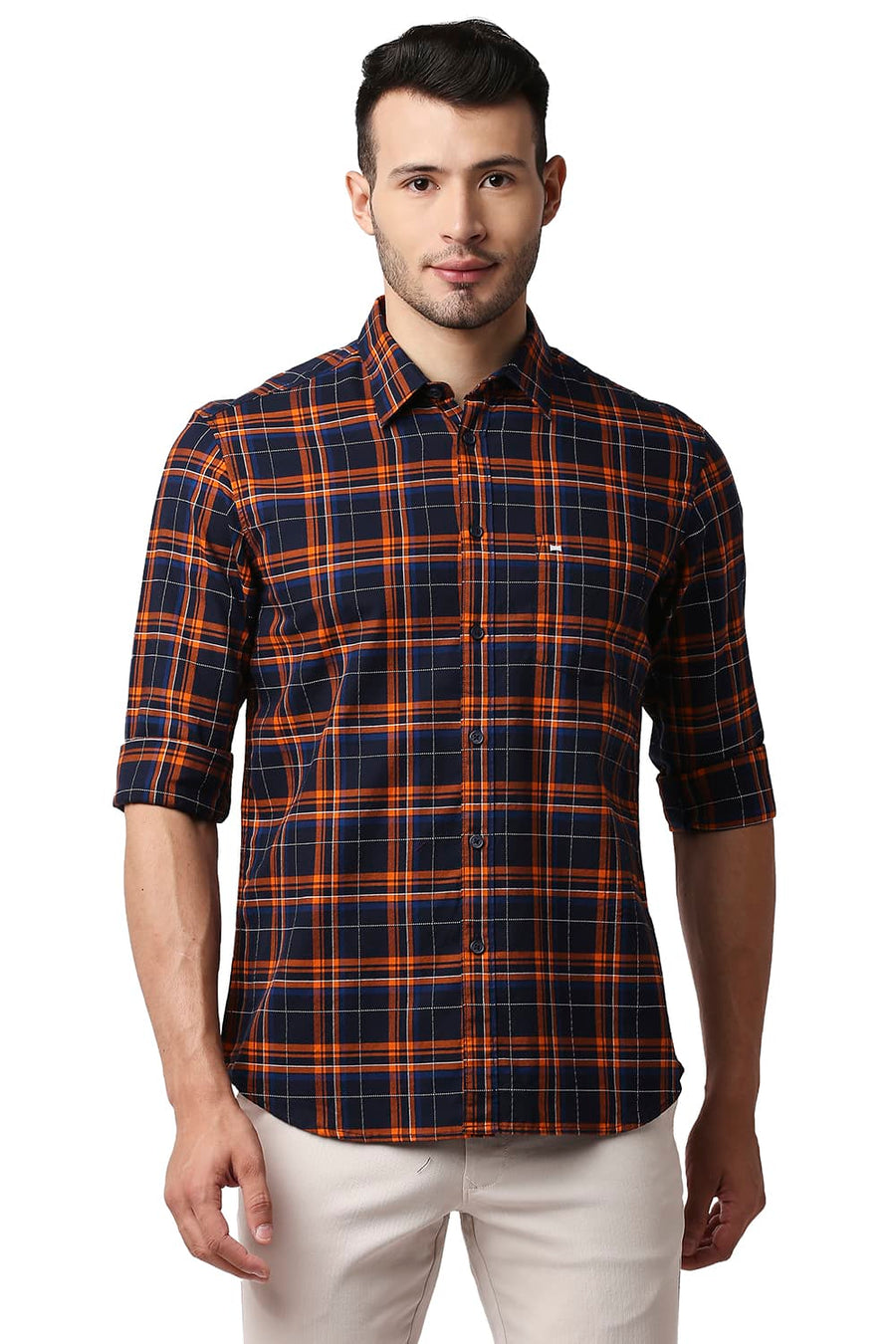 BASICS SLIM FIT POPPY ORANGE DOBBY CHECKS SHIRT