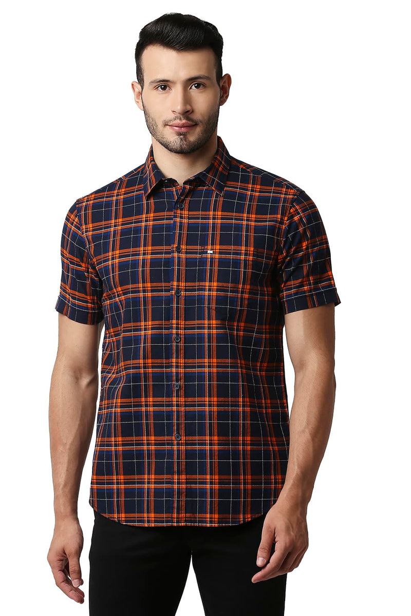 BASICS SLIM FIT DOBBY CHECKS HALFSLEEVES SHIRT