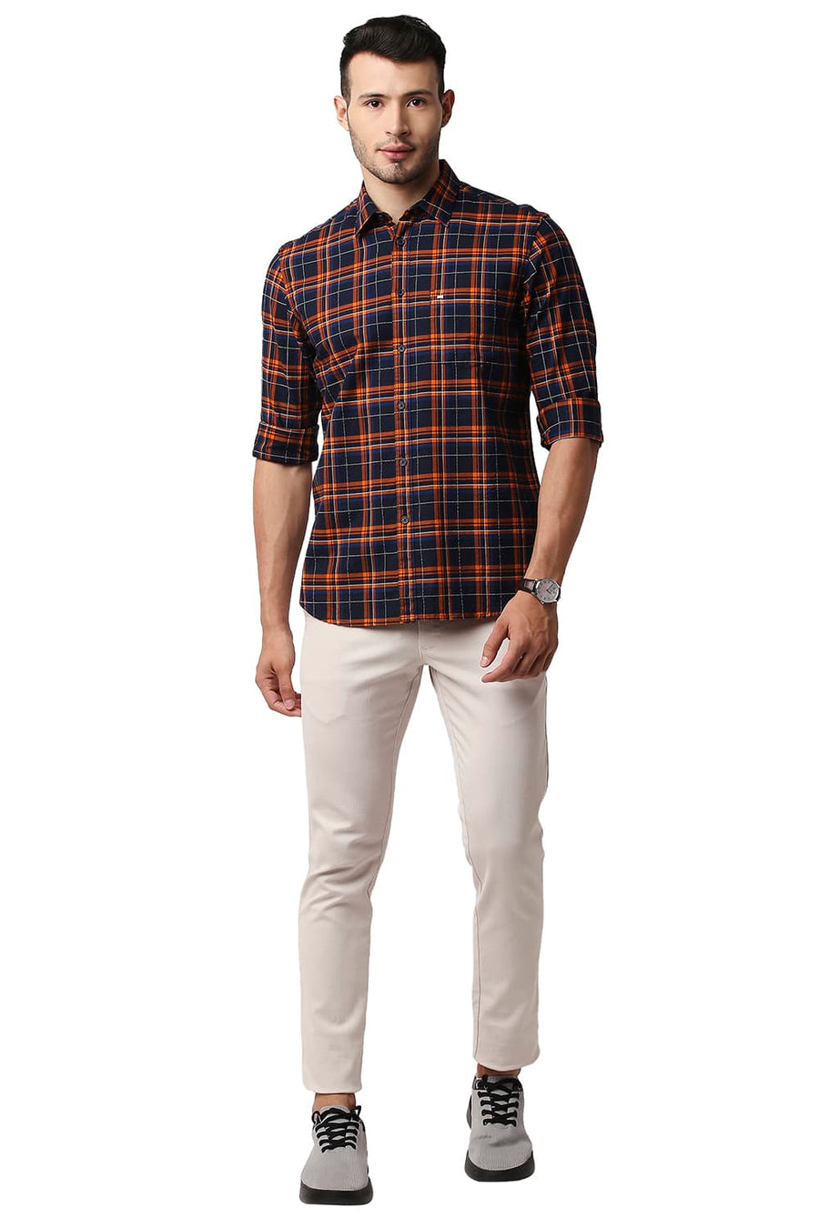 BASICS SLIM FIT POPPY ORANGE DOBBY CHECKS SHIRT
