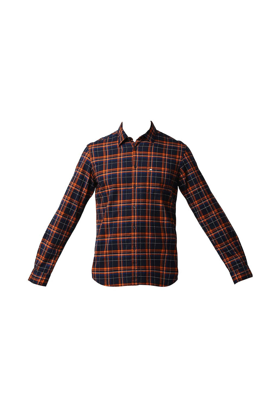 BASICS SLIM FIT POPPY ORANGE DOBBY CHECKS SHIRT