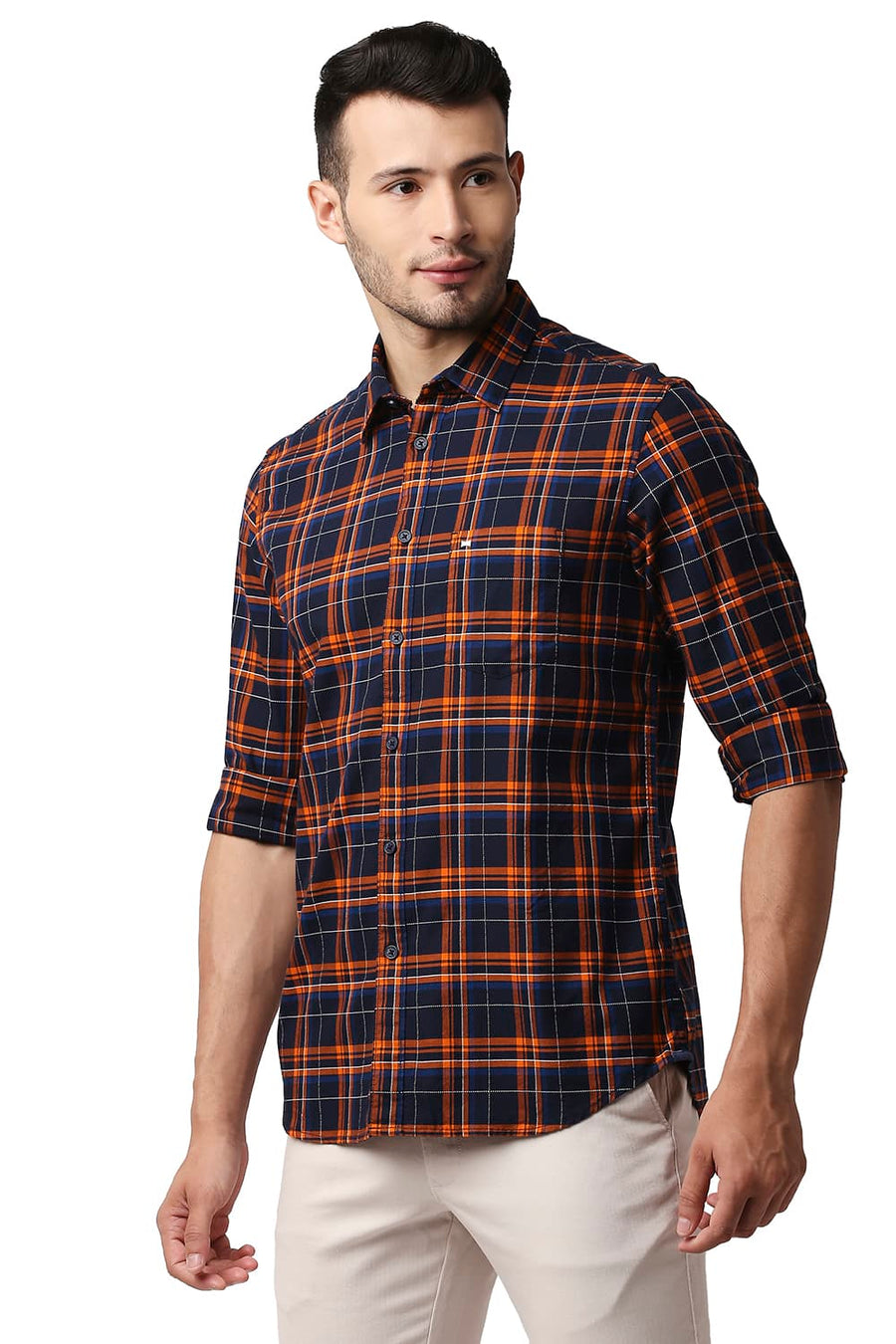 BASICS SLIM FIT POPPY ORANGE DOBBY CHECKS SHIRT