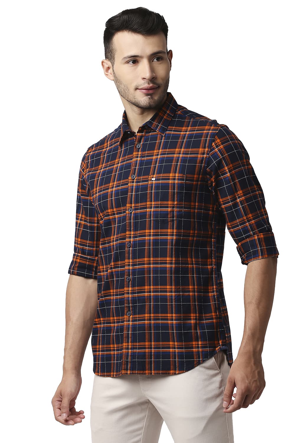 BASICS SLIM FIT DOBBY CHECKS SHIRT