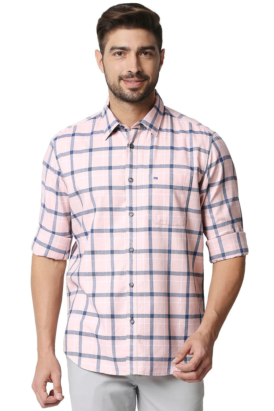 BASICS SLIM FIT BLOSSOM PINK TWILL CHECKS SHIRT SHIRT