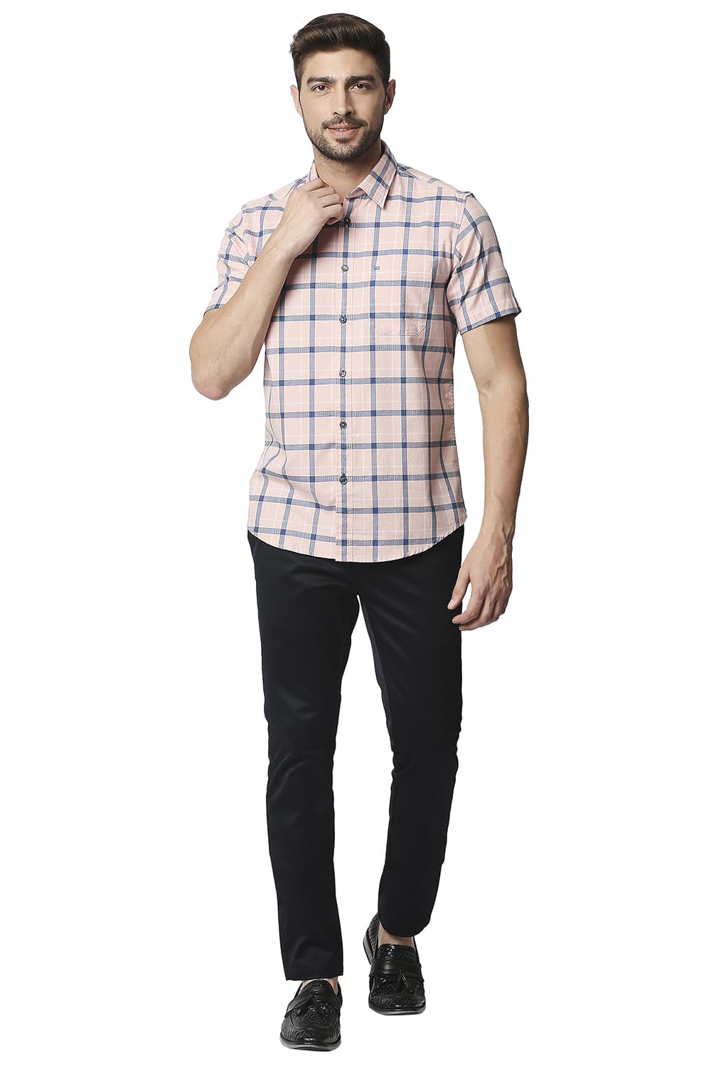 BASICS SLIM FIT TWILL CHECKS HALFSLEEVES SHIRT HALFSLEEVES SHIRT