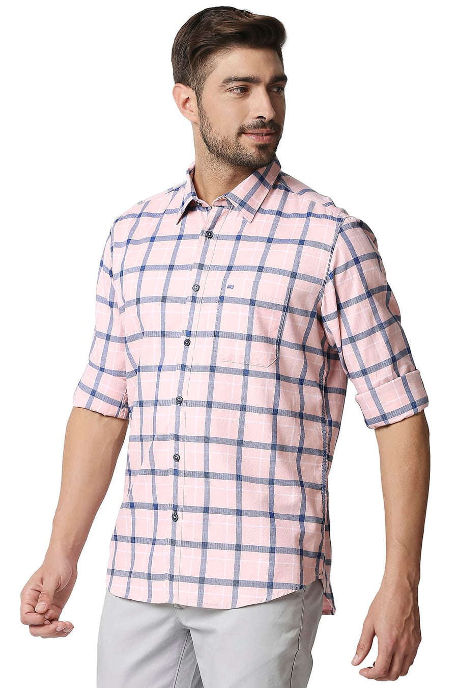 BASICS SLIM FIT BLOSSOM PINK TWILL CHECKS SHIRT SHIRT