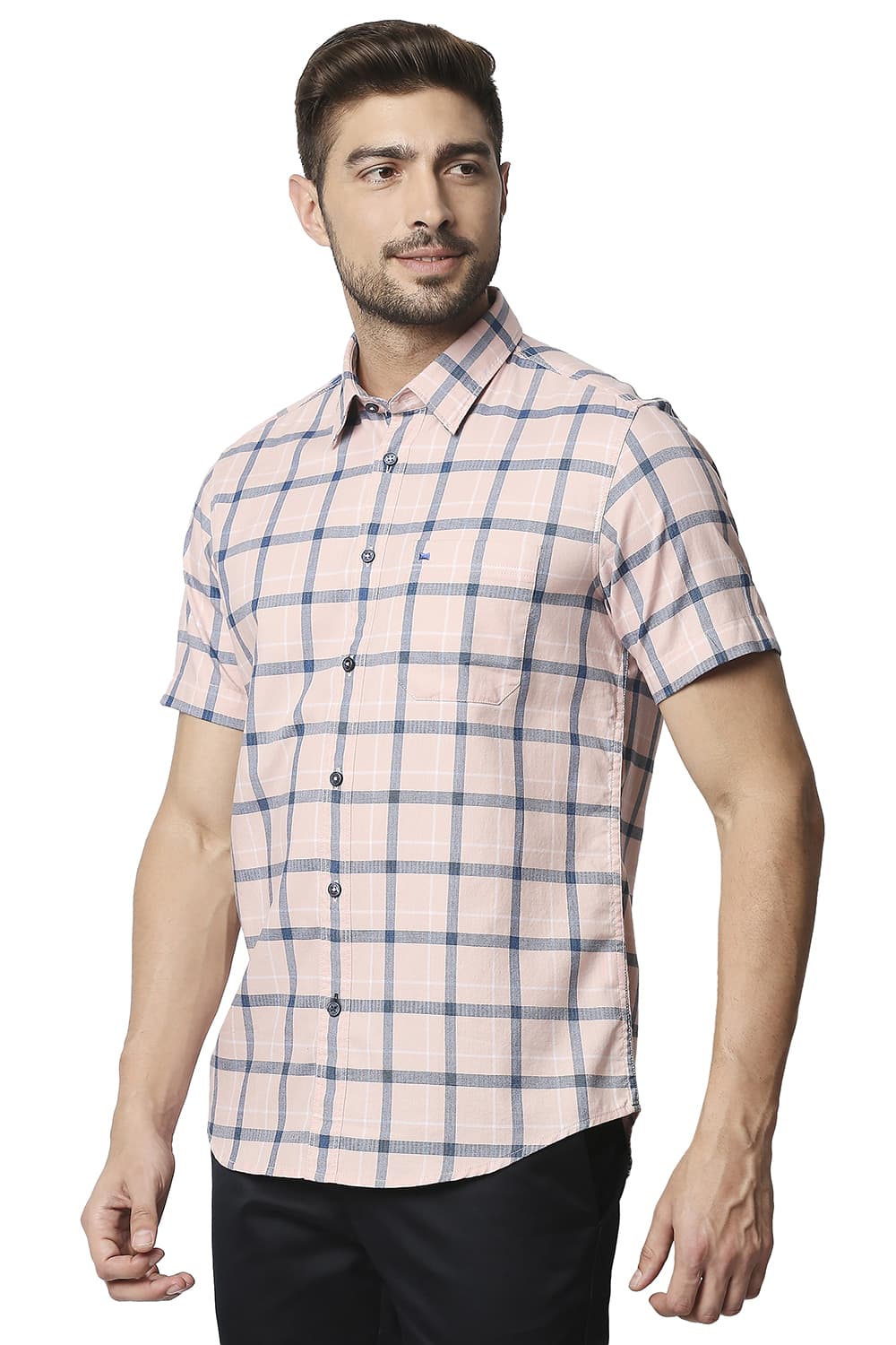 BASICS SLIM FIT TWILL CHECKS HALFSLEEVES SHIRT HALFSLEEVES SHIRT