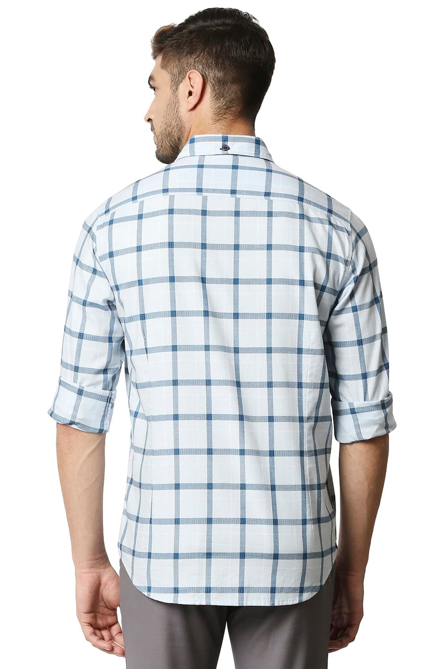 BASICS SLIM FIT CERULEAN BLUE TWILL CHECKS SHIRT SHIRT