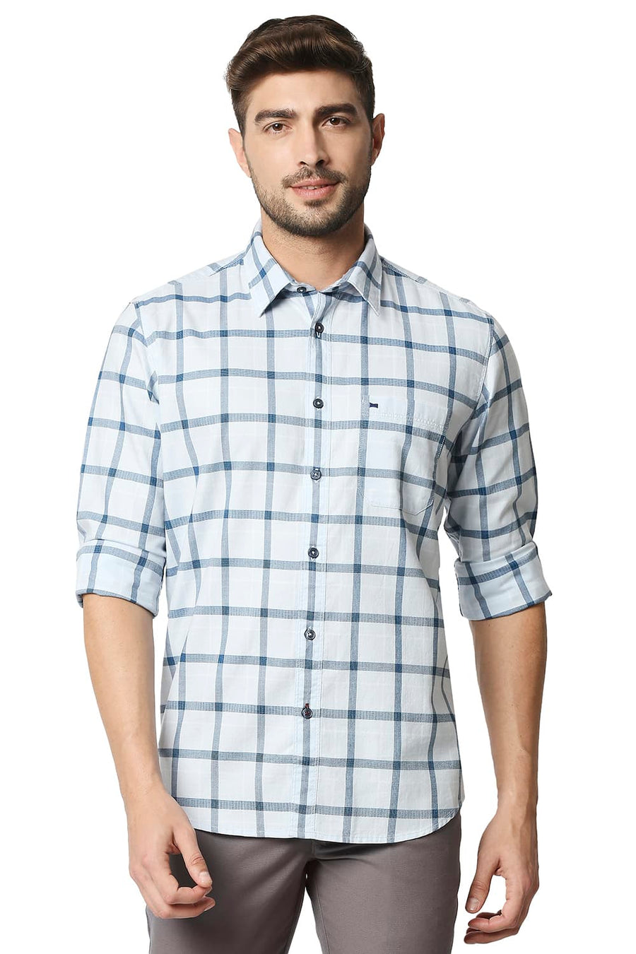 BASICS SLIM FIT CERULEAN BLUE TWILL CHECKS SHIRT SHIRT