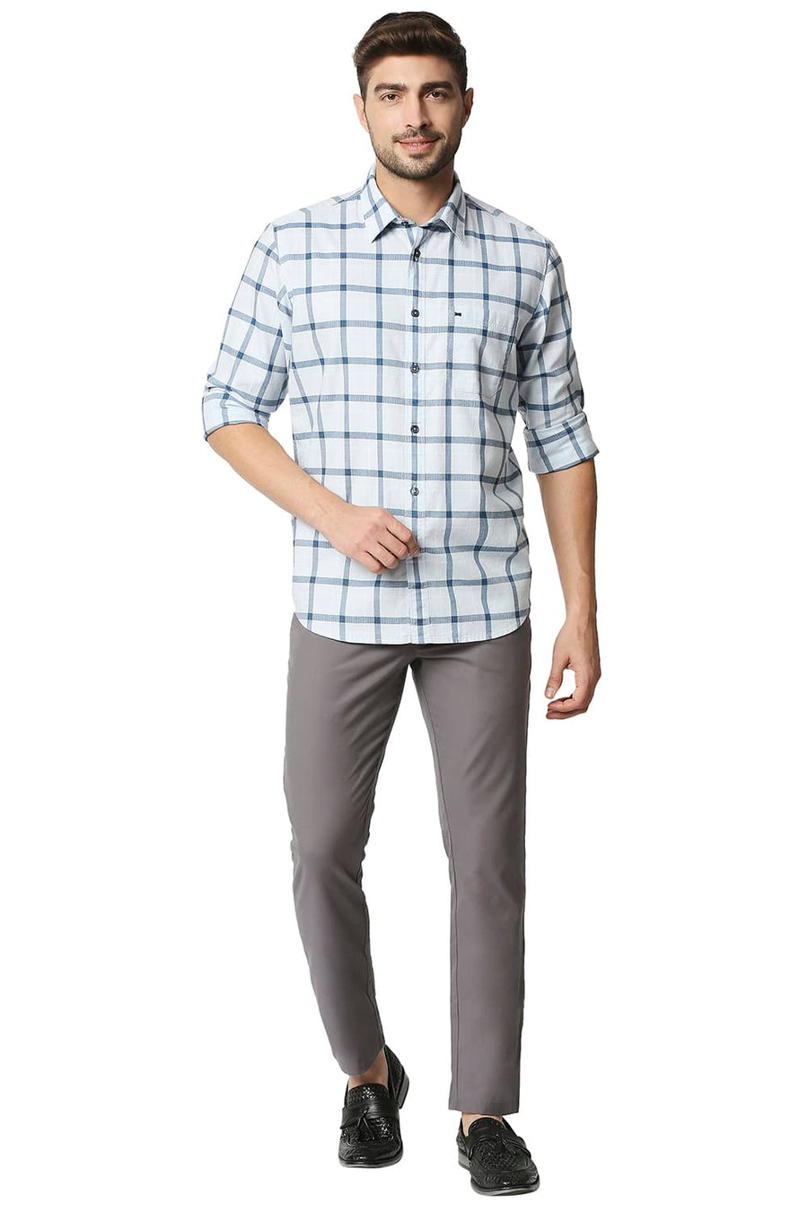 BASICS SLIM FIT CERULEAN BLUE TWILL CHECKS SHIRT SHIRT