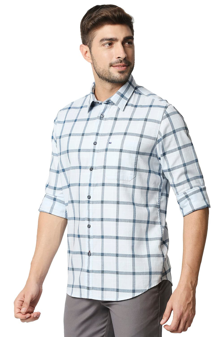 BASICS SLIM FIT CERULEAN BLUE TWILL CHECKS SHIRT SHIRT