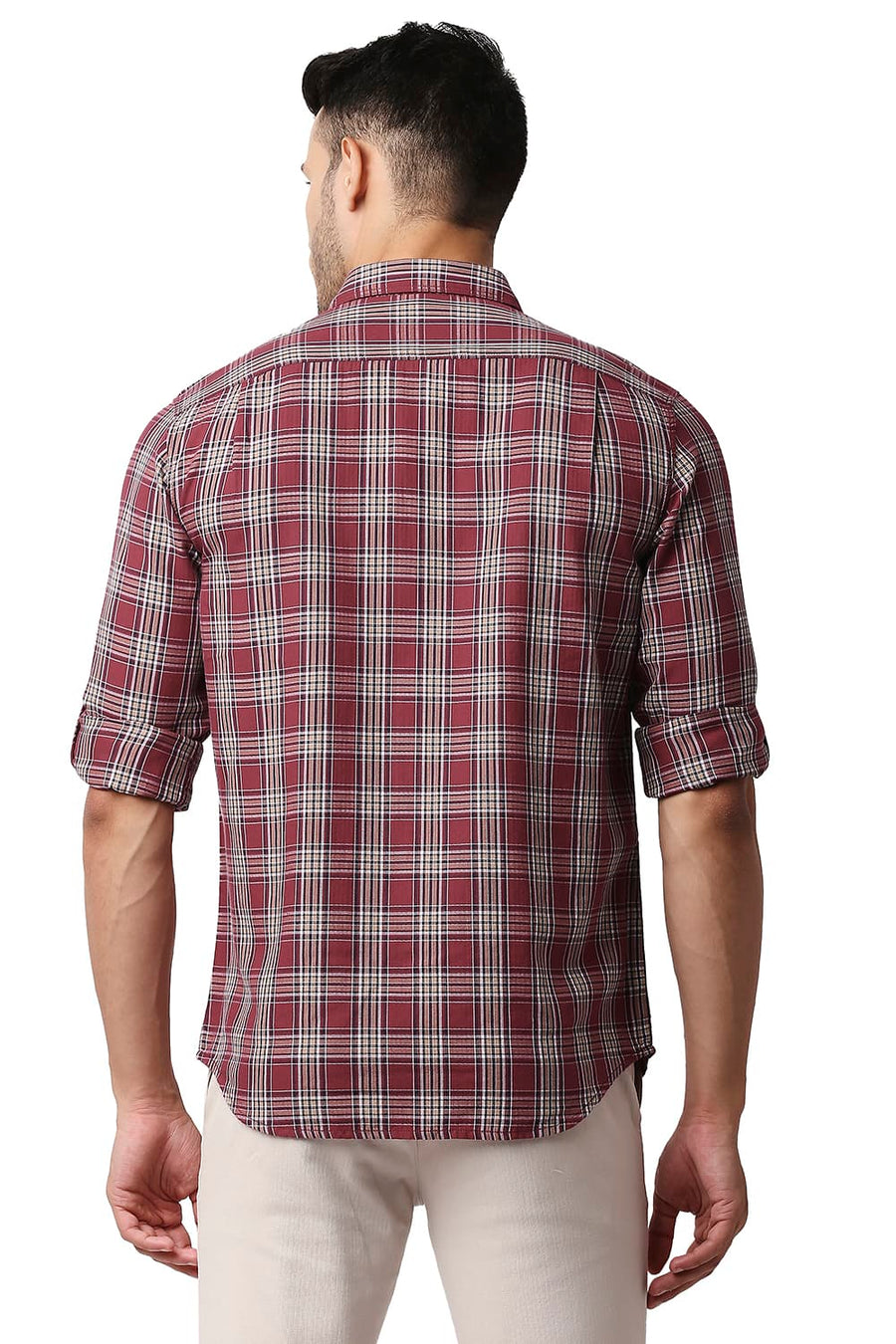 BASICS SLIM FIT CARDINAL MAROON HERRING BONE TWILL CHECKS SHIRT