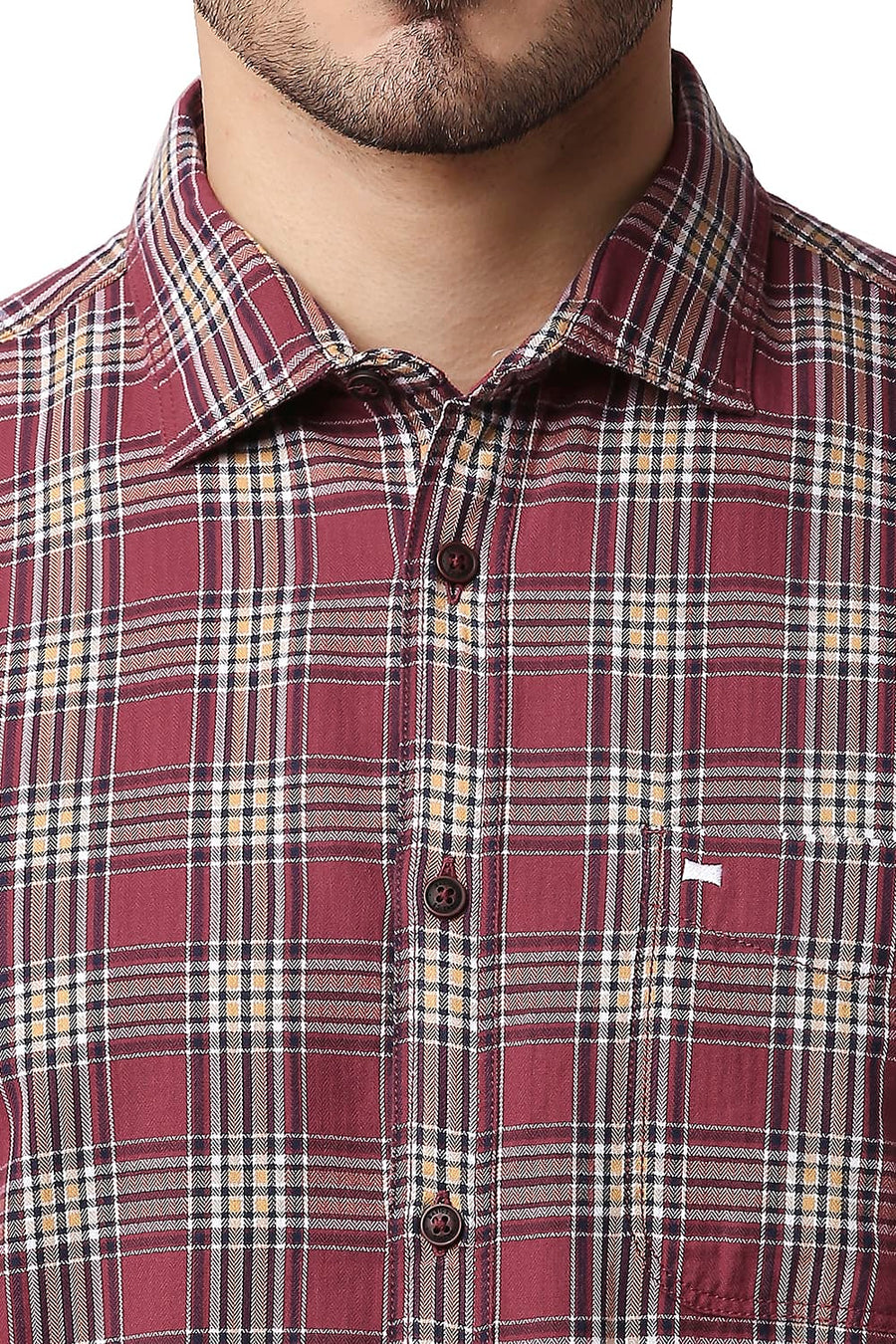 BASICS SLIM FIT CARDINAL MAROON HERRING BONE TWILL CHECKS SHIRT