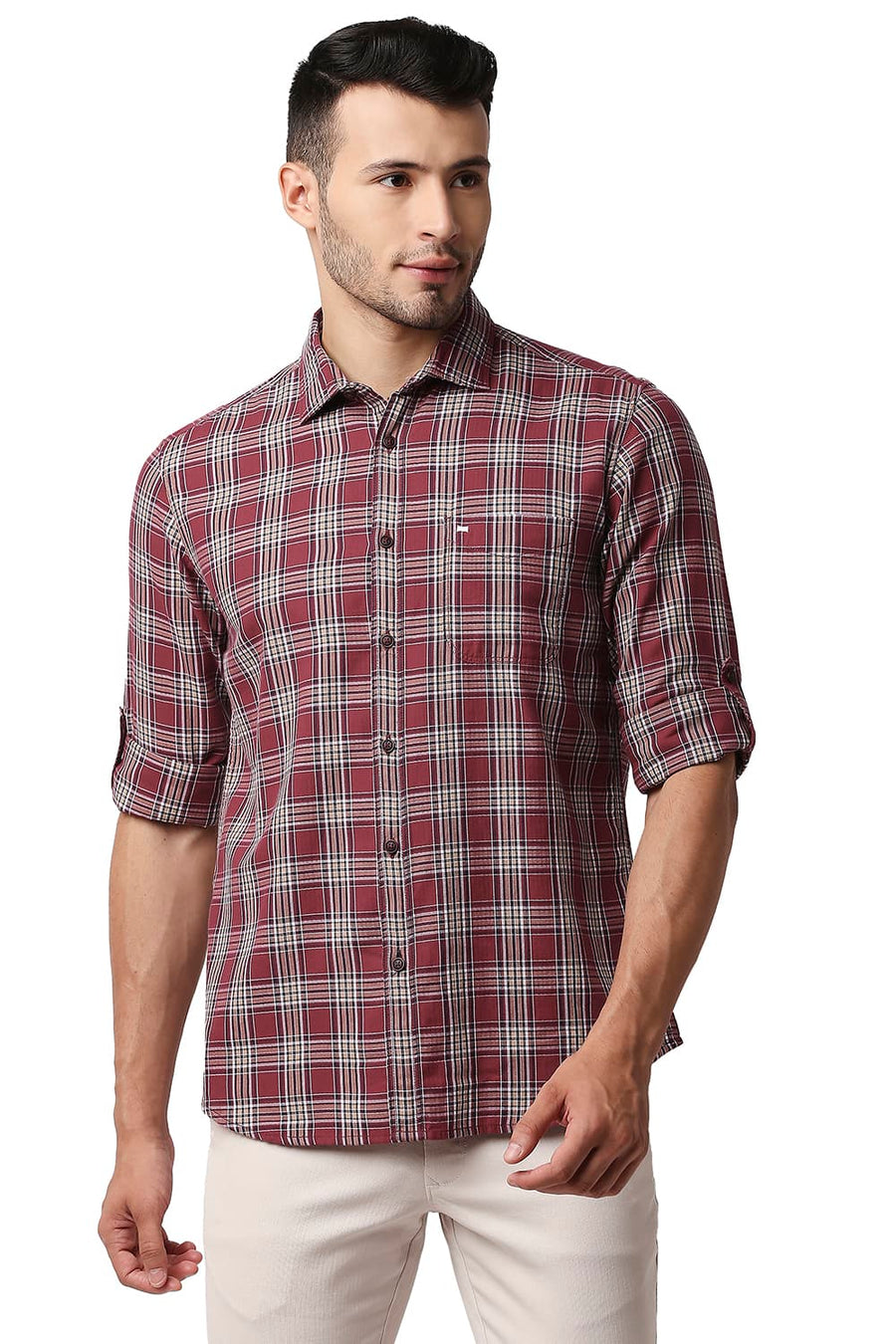BASICS SLIM FIT CARDINAL MAROON HERRING BONE TWILL CHECKS SHIRT