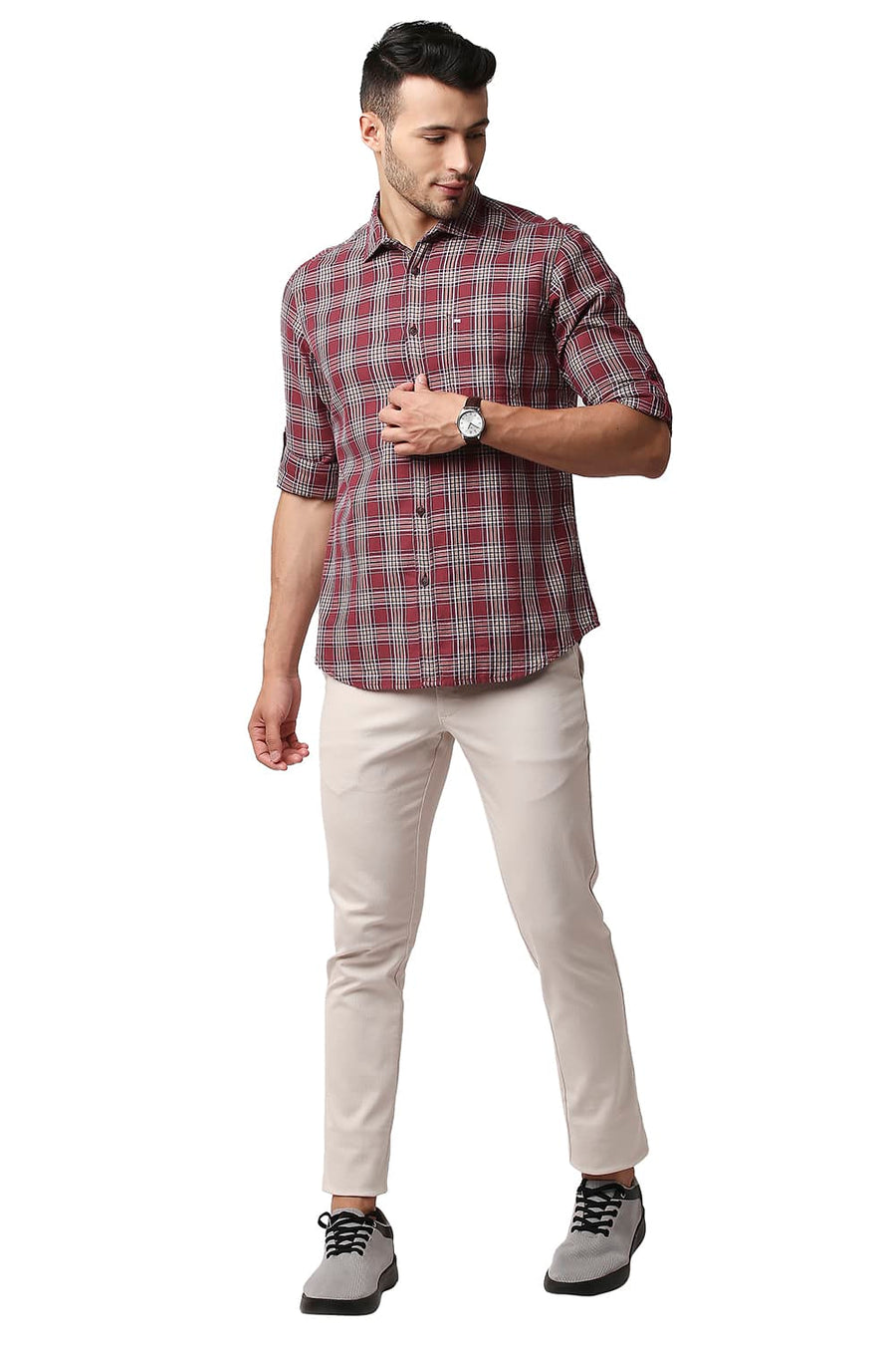 BASICS SLIM FIT CARDINAL MAROON HERRING BONE TWILL CHECKS SHIRT