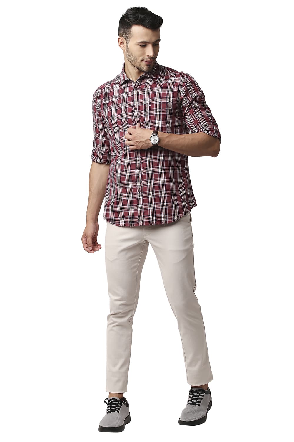 BASICS SLIM FIT HERRING BONE TWILL CHECKS SHIRT