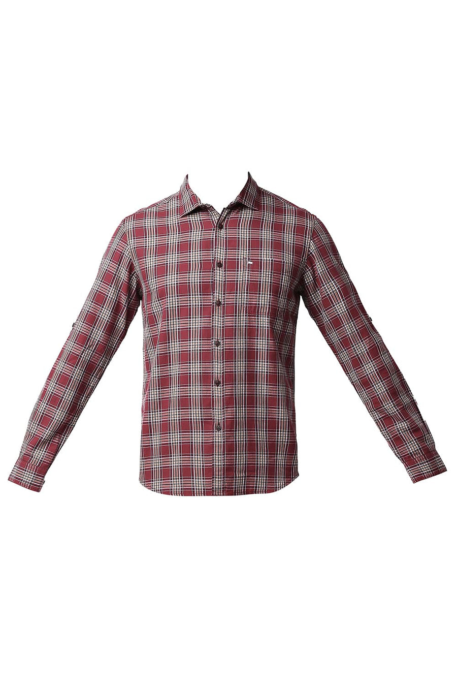 BASICS SLIM FIT CARDINAL MAROON HERRING BONE TWILL CHECKS SHIRT