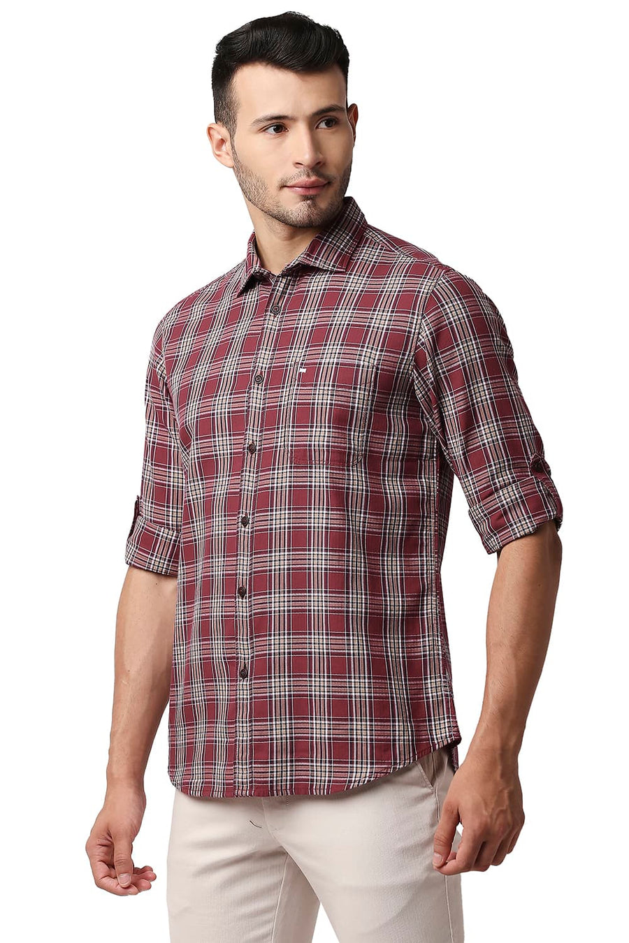 BASICS SLIM FIT CARDINAL MAROON HERRING BONE TWILL CHECKS SHIRT