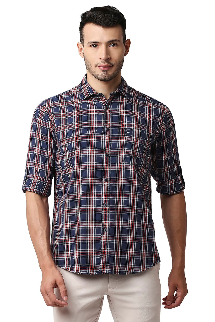 BASICS SLIM FIT ESTATE NAVY HERRING BONE TWILL CHECKS SHIRT