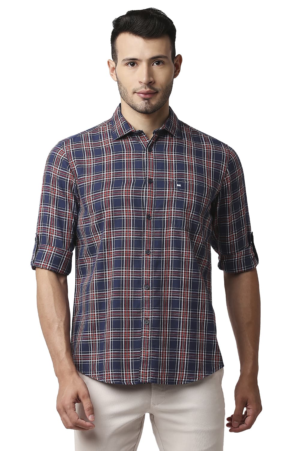 BASICS SLIM FIT HERRING BONE TWILL CHECKS SHIRT