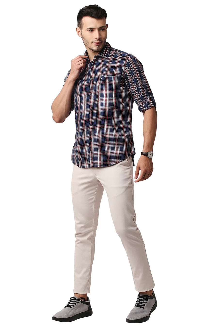 BASICS SLIM FIT ESTATE NAVY HERRING BONE TWILL CHECKS SHIRT