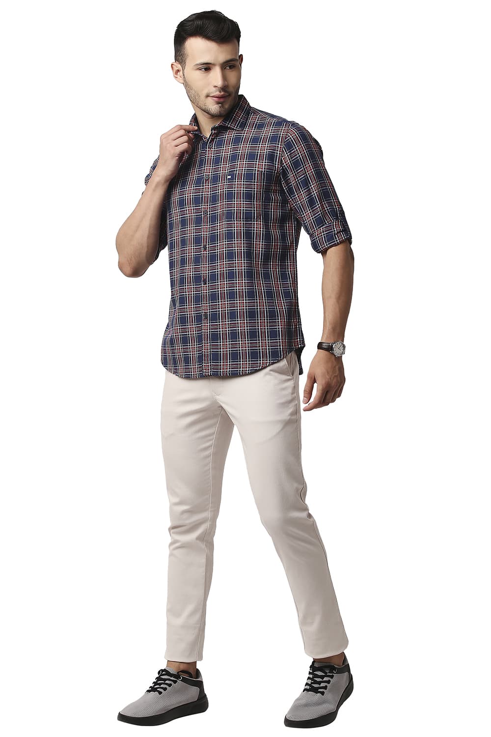 BASICS SLIM FIT HERRING BONE TWILL CHECKS SHIRT