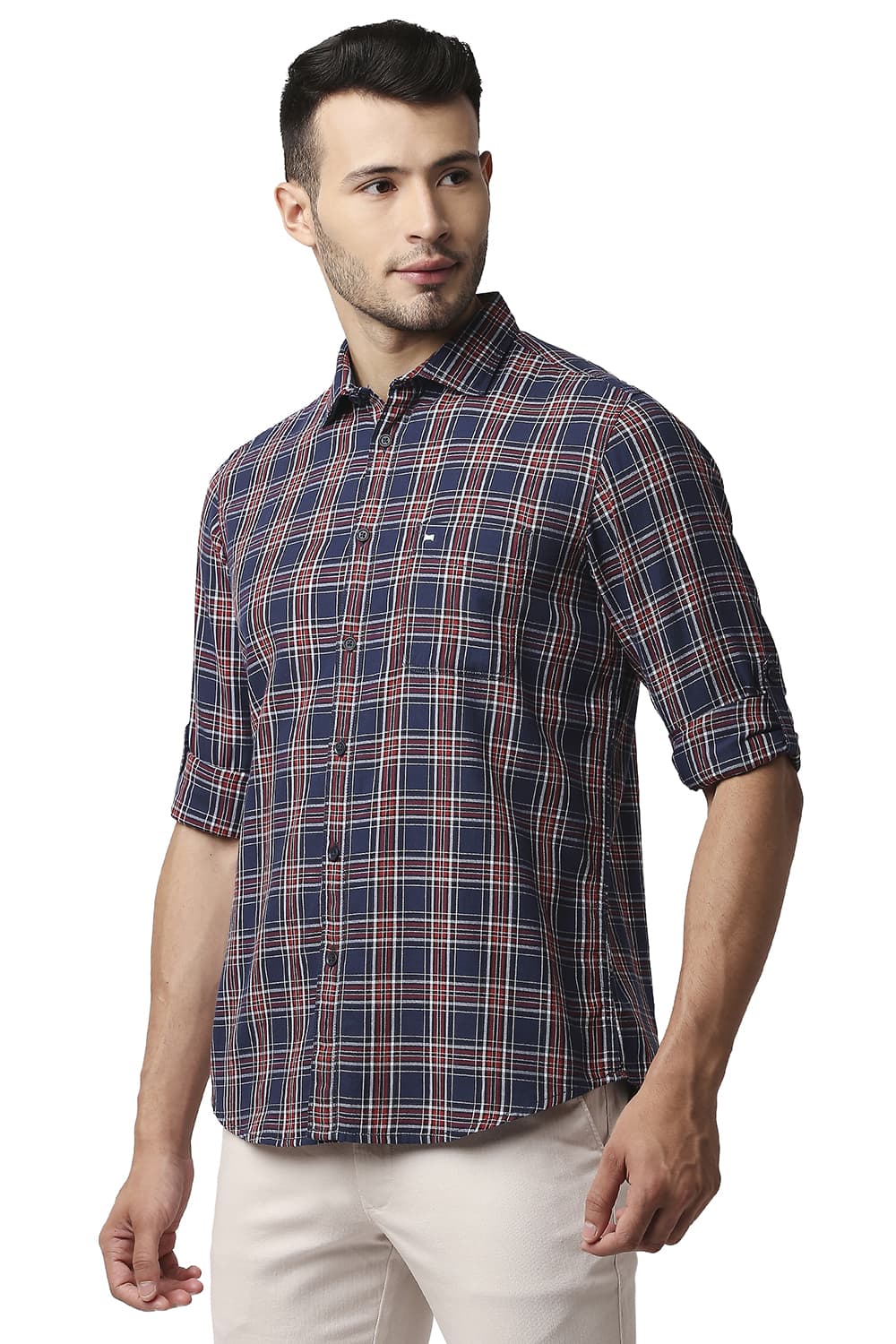 BASICS SLIM FIT HERRING BONE TWILL CHECKS SHIRT